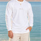 Divine Order (long sleeve) של 613, חולצת ציצית לבנה עם שרוול ארוך, צילום חוץ מול נוף פתוח
